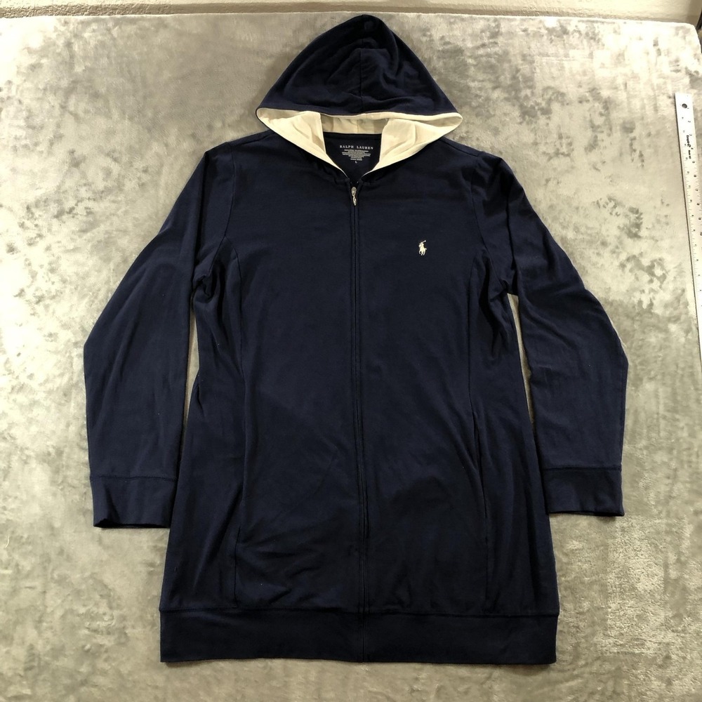 Ralph Lauren Hoodie Sweatshirt Womens Large Blue Full Zip Tagless Logo Stretch